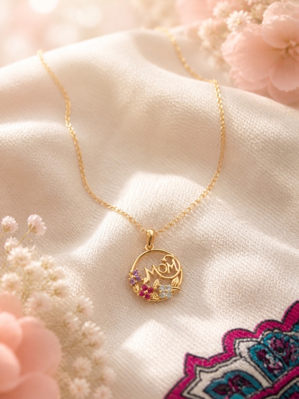 Gold 'MOM' Floral Circle Pendant Necklace